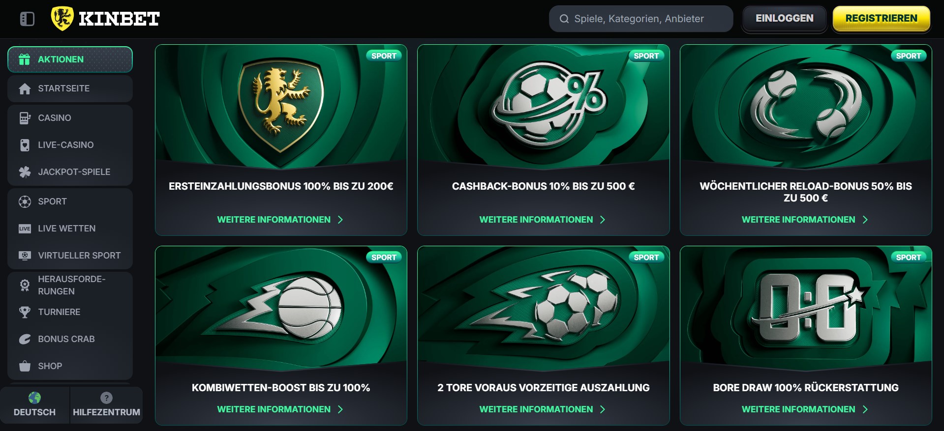 Eine deutschsprachigen Sportwetten-Webseite mit mehreren Bonusaktionen, darunter Ersteinzahlungsbonus, Cashback und wöchentlicher Reload-Bonus – ideal für alle, die auf der Suche nach neue Wettanbieter mit attraktiven Angeboten sind.