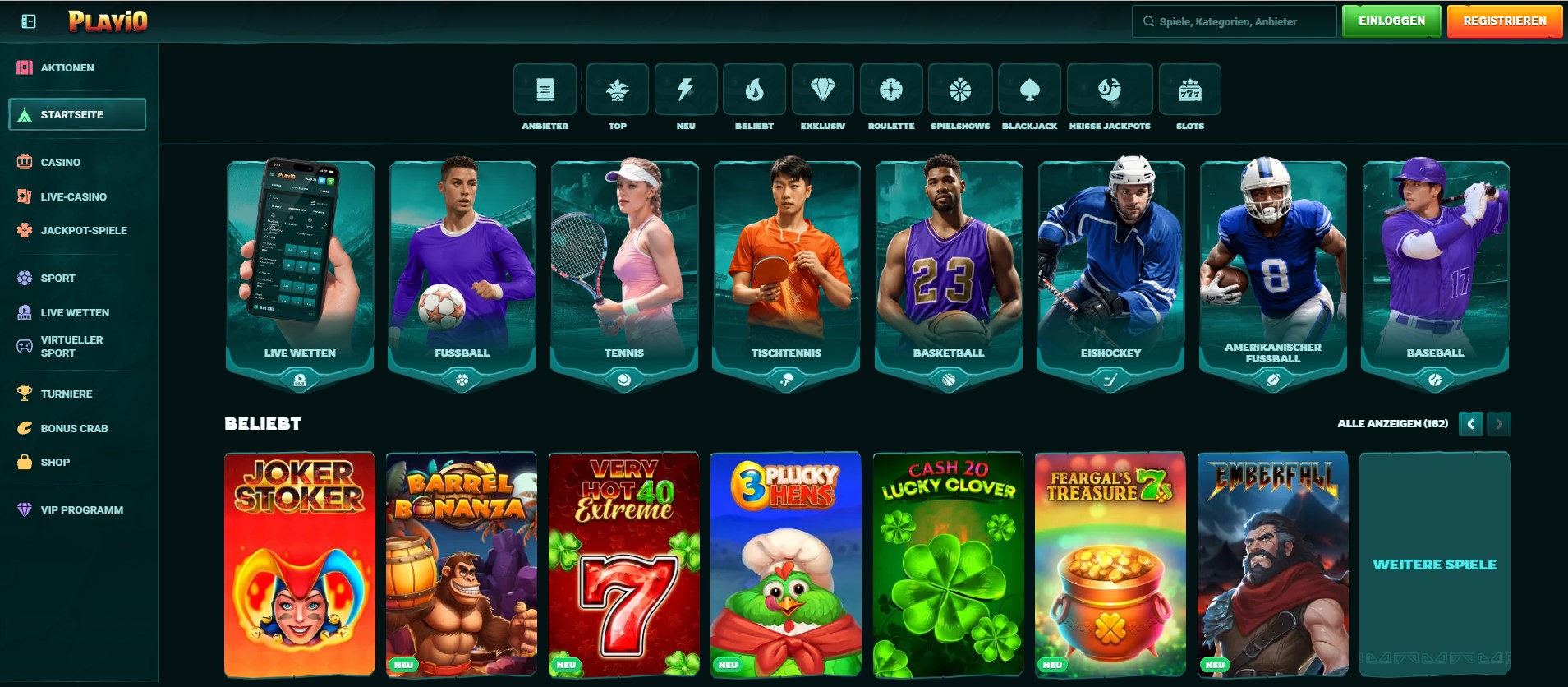 Benutzeroberfläche einer Online-Casino- und Sportwetten-Website mit Spiel- und Sportangeboten, wie sie oft bei neue Wettanbieter zu finden ist.